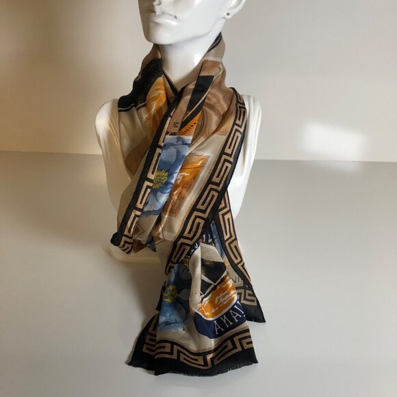 Adrienne Vittadini Silk Scarf Beige Blue Floral Cruise Travel Japan 11in x 52in - Picture 1 of 7